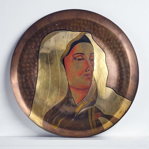 Large Vintage Brass Wall Plate Hand Painted Woman Portrait Madonna Style MCM Art